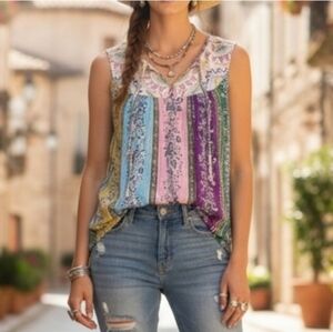 Anthropologie One September Larkspur Tank XS Embroidered Bandana Patchwork Boho